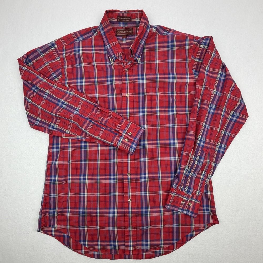 Chaps Ralph Lauren Mens Large Red Blue Plaid Long Sleeve Button Down Shirt